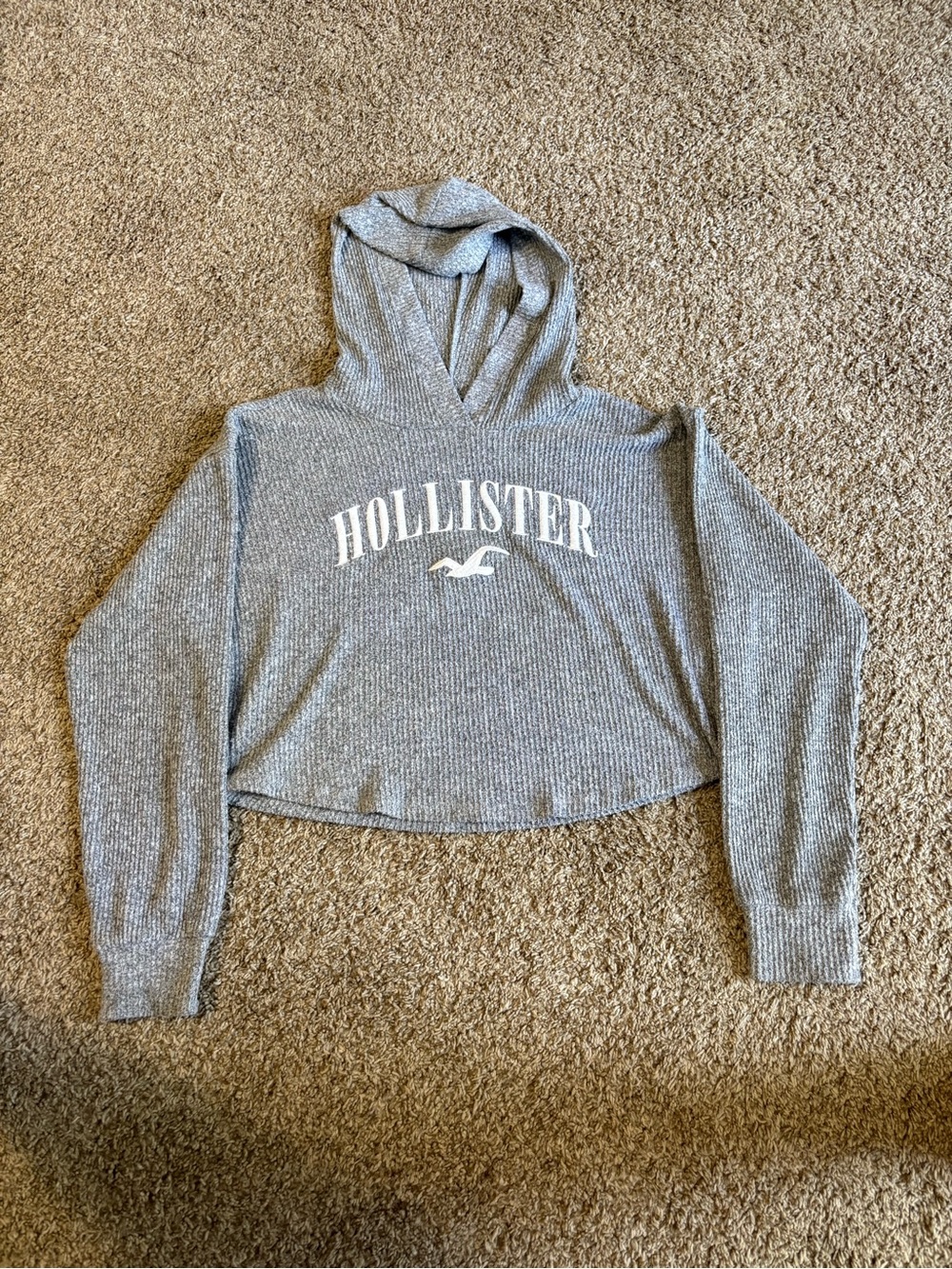 Hollister Light Gray Ribbed Cropped Hoodie